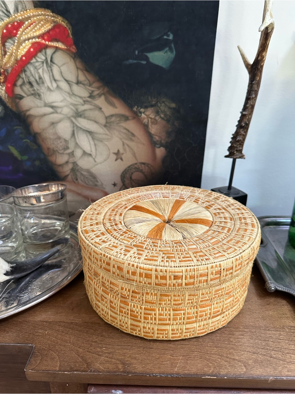 Vintage Handwoven Round Trinket Basket
